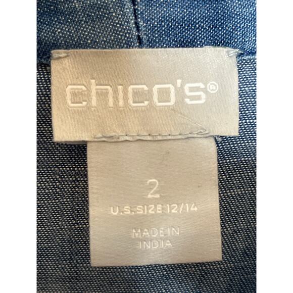 Chicos Size 2 US 12‎ / 14 Blue Chambray Embroidered Sleeve Tunic V Neck - Picture 6 of 9